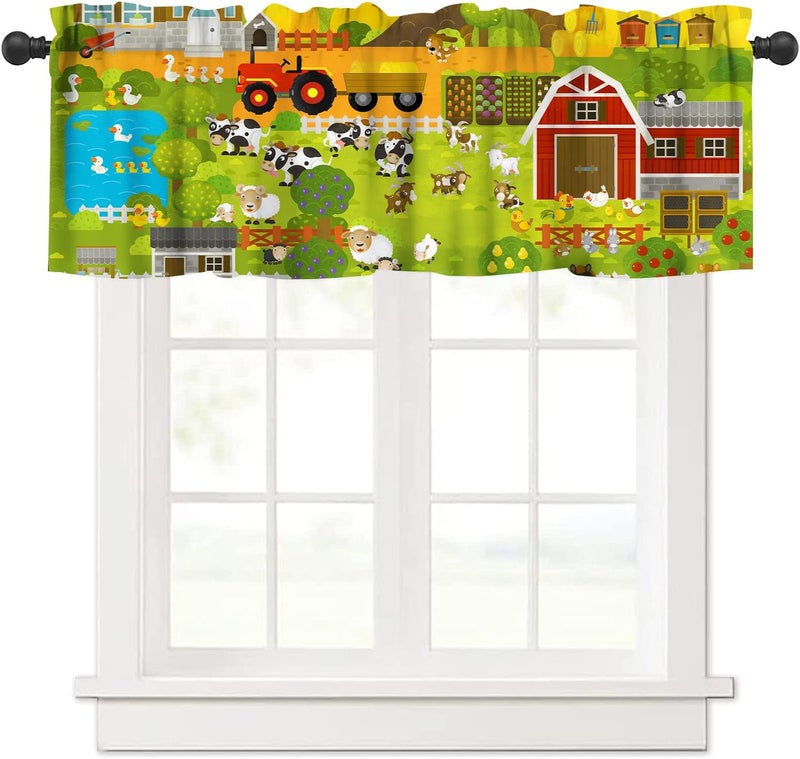 JanJCurt Cartoon Farm Animals Kids Valance, Cute Child Farmhouse Country Tractors Sheep Cow Pig Flowers Blackout Short Window Drape Curtain for Boys Girls Bedroom Living Room, 54x18inch - Image 1